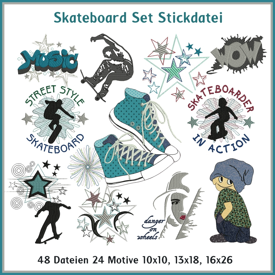 Stickdatei Rock Queen Skateboard