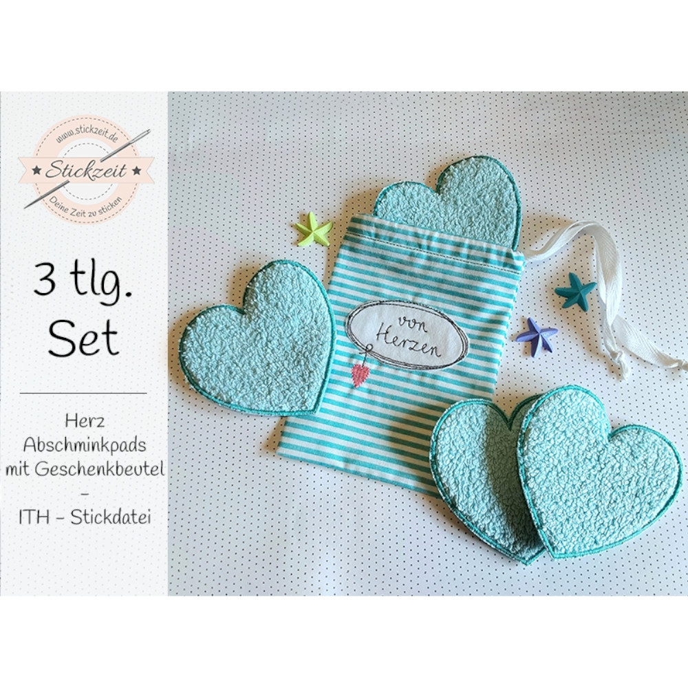 Stickdatei Stickzeit Abschminkpad Herz mit Geschenkbeutel