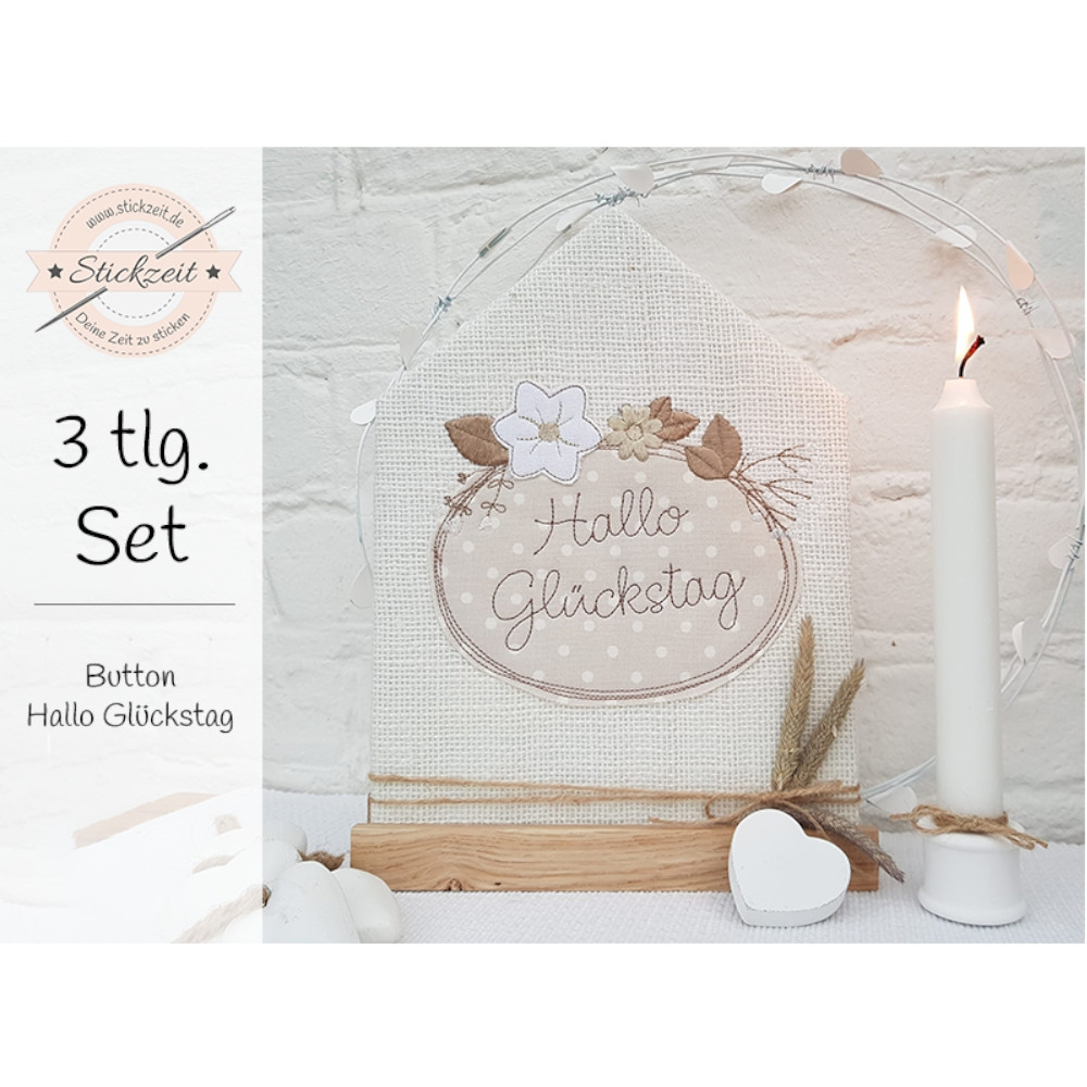 Stickdatei Stickzeit Button Hallo Glückstag Doodle