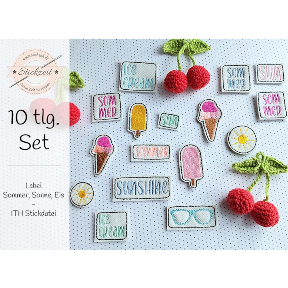 Stickdatei Stickzeit Label Sommer Sonne Eis ITH