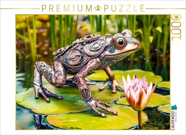 CALVENDO Puzzle Metall-Frosch auf Seerose: Kreative Gartendeko mit Upcycling-Charme 1000 Teile Lege-Größe 64x48cm Foto-Puzzle für glückliche Stunden