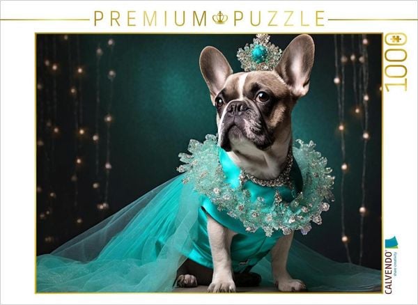 CALVENDO Puzzle Französische Bulldogge trägt türkisfarbenes Abendkleid mit Krone 1000 Teile Lege-Größe 64x48cm Foto-Puzzle für glückliche Stunden