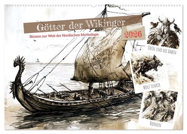 Götter der Wikinger - Skizzen zur Welt der Nordischen Mythologie (Wandkalender 2026 DIN A2 quer), CALVENDO Monatskalender