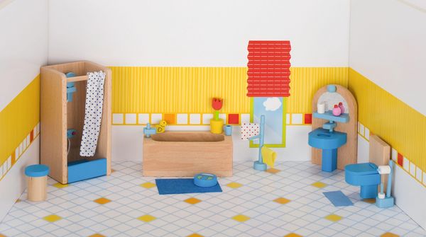 Goki Puppenmöbel Badezimmer für Puppenhaus, Holz
