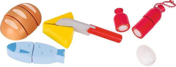 Goki 51563 - Köstlichkeiten mit Klettverbindung, 13-teilig, Holz, Zubehör für Kinderküche/Kaufladen