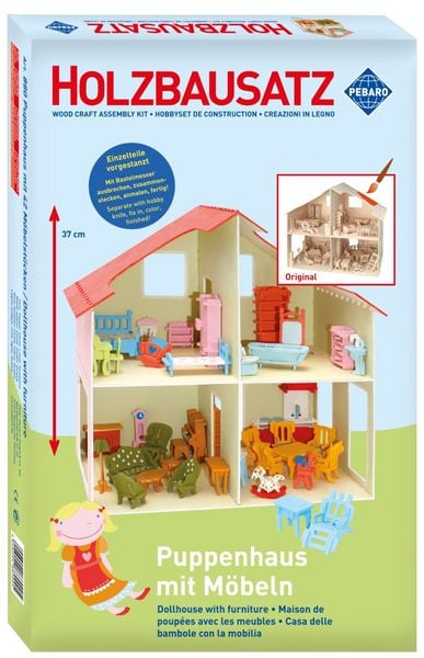 PEBARO 880 - Puppenhaus Holzbausatz mit Möbeln, 11+241 Teile, Holzkonstruktion zum Zusammenstecken