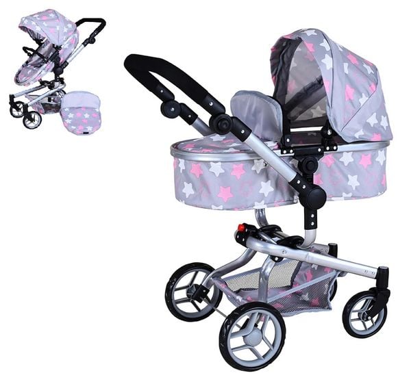 Knorrtoys 90944 - Kombi-Puppenwagen Boonk Star Grey Pink, mit Zubehör, umbaubar, Schieberhöhe: 45-82cm