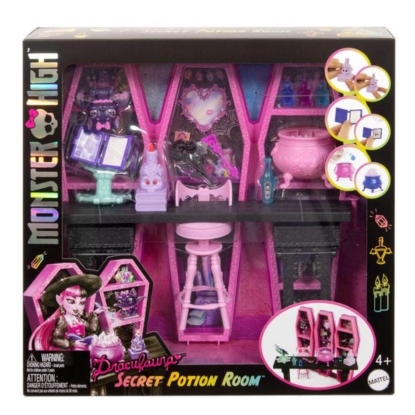 Monster High Draculaura Secret Potion Room Puppen-Spielset mit mehr als 12 Accessoires und überraschenden Verwandlungen