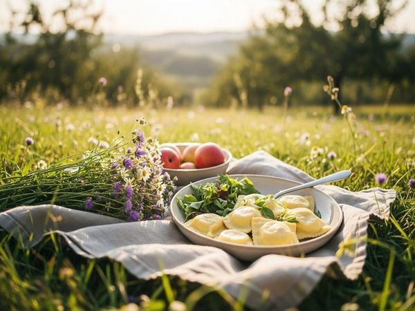 CALVENDO Puzzle Schwäbische Maultaschen im Grünen - Sommer Picknick Puzzle 1000 Teile Lege-Größe 64x48cm Foto-Puzzle für glückliche Stunden