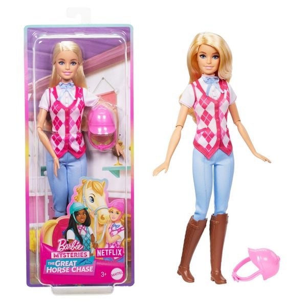 Barbie Mysteries: Das geheimnisvolle Pferdeabenteuer“ Barbie Malibu“ Puppe mit Reitkleidung und Zubehör