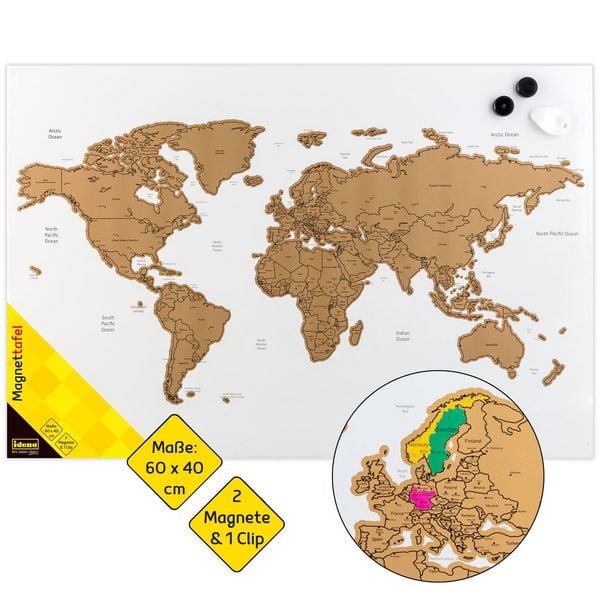 Idena Magnettafel Weltkarte mit Zubehör 60x40cm