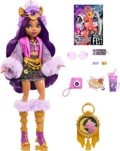 Monster High Monsterfest Clawdeen Wolf-Modepuppe mit Festival-Outfit, Bandposter und Zubehör