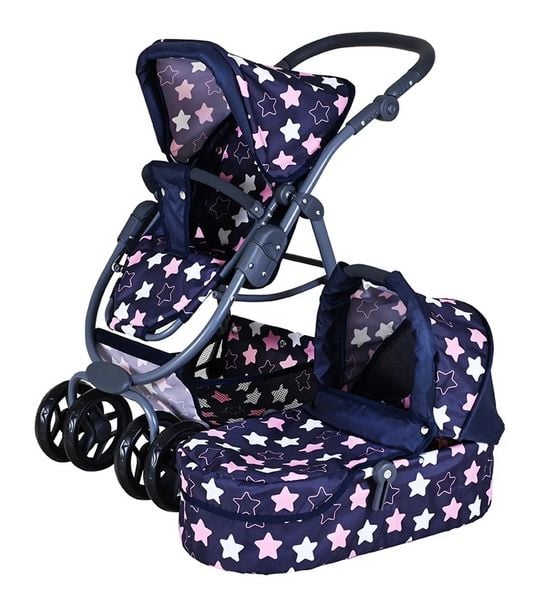 Knorrtoys 90743 - Kombi-Puppenwagen Coco Star Blue Pink, mit Zubehör, umbaubar, Schieberhöhe: 45-80cm