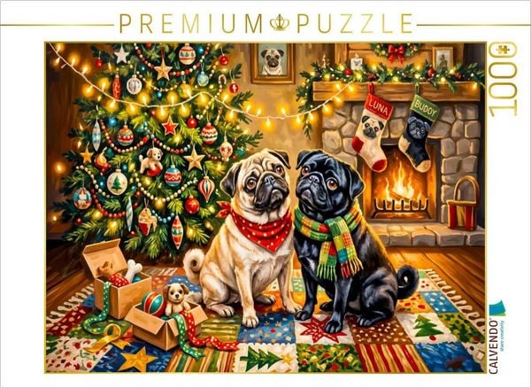CALVENDO Puzzle Zwei Möpse feiern Weihnachten mit ihren Geschenken Puzzle 1000 Teile Lege-Größe 64x48cm Foto-Puzzle für glückliche Stunden