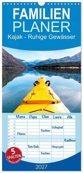 Familienplaner 2027 - Kajak - Ruhige Gewässer mit 5 Spalten (Wandkalender, 21 x 45 cm) CALVENDO