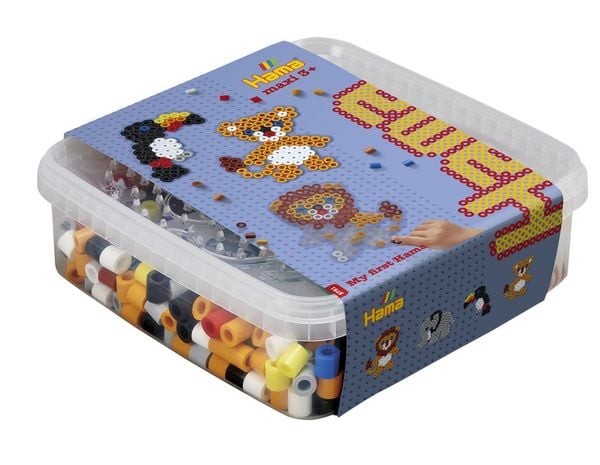Hama 8751 - My first Hama, Box mit ca. 600 Maxi-Bügelperlen, Stiftplatten und Zubehör, Löwe und Elefant