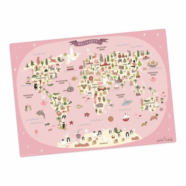 Tischsetmacher Tischset für Kinder Weltkarte in rosa mit Tieren in deutsch, aus hochwertigem Vinyl , 44 x 32 cm