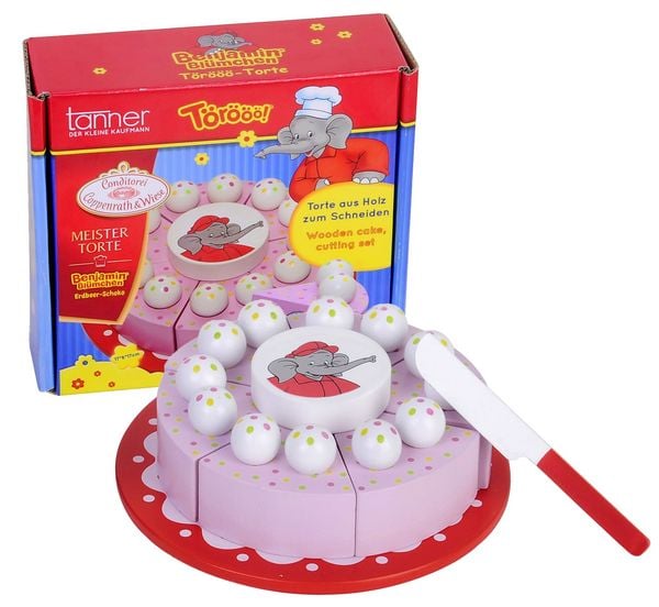 Originale Benjamin Blümchen Torte aus Holz zum Schneiden mit Tortenteller, Messer und Aufleger