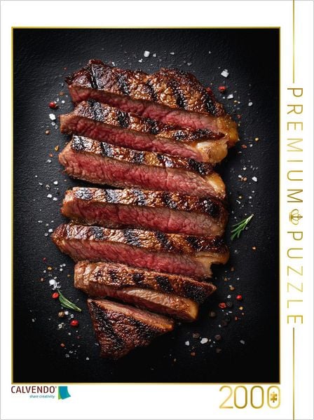 CALVENDO Puzzle Saftiges Steak in Scheiben mit Grillstreifen und Gewürzen 2000 Teile Lege-Größe 90x67cm Foto-Puzzle für glückliche Stunden