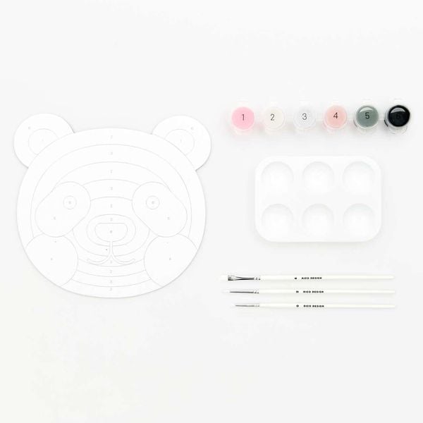 Malen nach Zahlen Set, Panda , Inhalt: 1 Malkarton, 6 Acrylfarben für ein Motiv, 3 Pinsel, 1 Malpalette