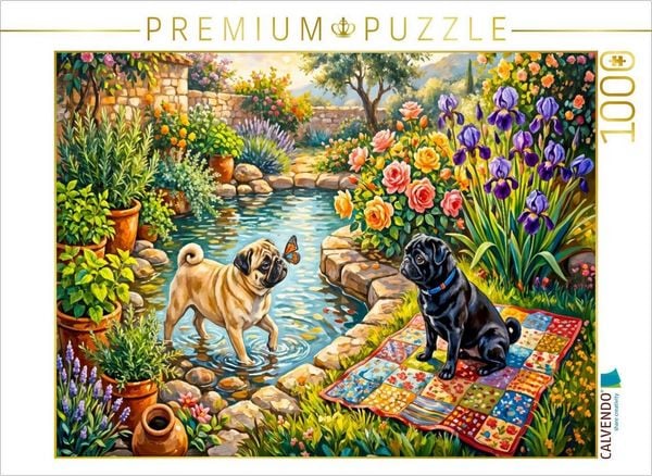 CALVENDO Puzzle Zwei Möpse am blühenden Cottage-Gartenteich Puzzle 1000 Teile Lege-Größe 64x48cm Foto-Puzzle für glückliche Stunden