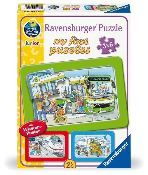 Kinderpuzzle 3x6 Teile - Wieso? Weshalb? Warum? Unterwegs mit Bus, Bahn und Flugzeug