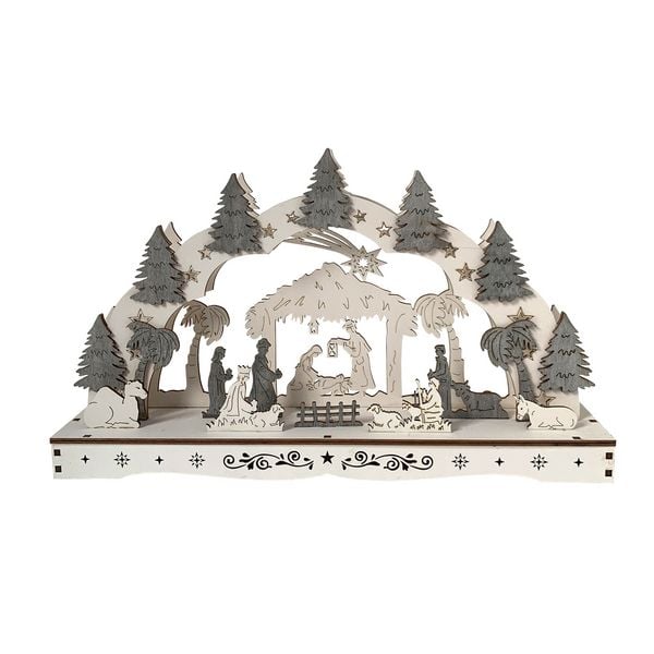HTI-Living Schwibbogen Heilige Familie mit Krippe Weiß Grau