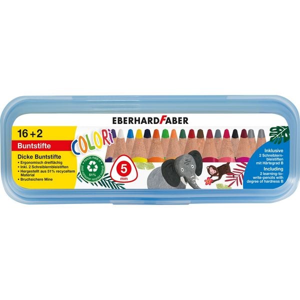 EBERHARD FABER Buntstifte Colori 16+2 dreiflächig dick 16 Farben Mine 5mm 2 Schreiblernbleistifte