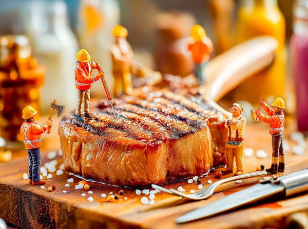 CALVENDO Puzzle Miniatur Bauarbeiter prüfen Steak mit Thermometer neben glänzendem Besteck 2000 Teile Lege-Größe 90x67cm Foto-Puzzle für glückliche