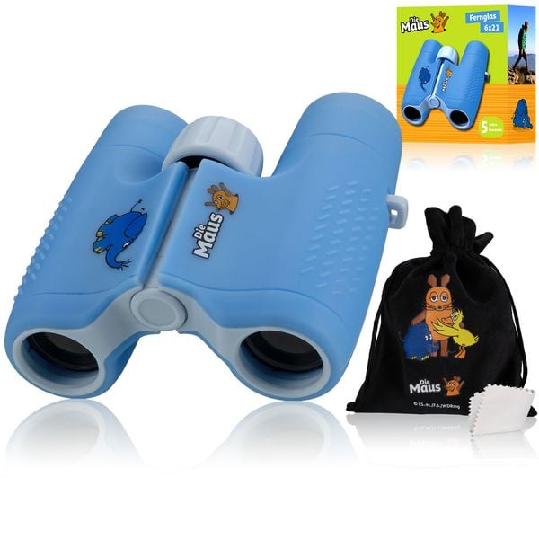 Bresser 12301 - DieMaus Kinder-Fernglas (blau) mit 6-facher Vergrößerung, mit Beutel