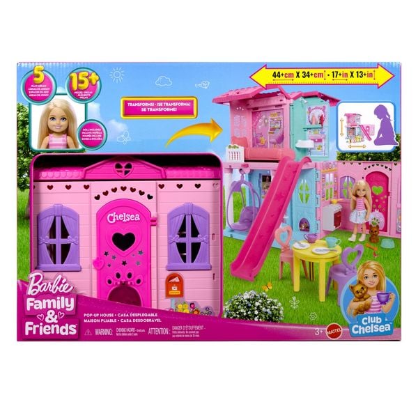 Barbie Chelsea Pop-up-Puppenhaus mit Puppe und über 15 Accessoires, Haus erweitert sich auf über 42 x 33 cm