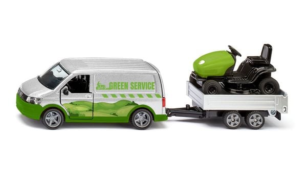 Siku 2005 - VW T6 mit Rasentraktor, Green Service, silber/grün, 280x75x48mm