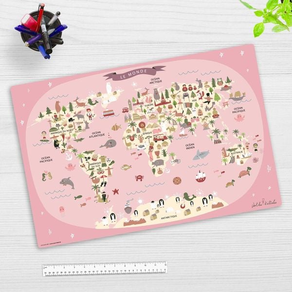 Cover-your-desk Schreibtischunterlage für Kinder Weltkarte in französisch rosa, aus hochwertigem Vinyl , 60 x 40 cm