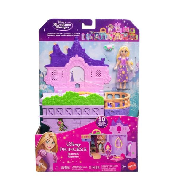 Mattel Disney Princess Rapunzel Storytime Stackers Puppenhaus mit kleiner Puppe, Pascal-Figur und 7 Zubehörteilen
