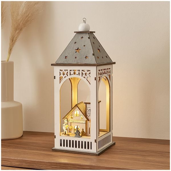 HTI-Living Weihnachtsdeko Laterne mit Kirche Weiß Grau Weihnachtsdeko Laterne mit Kirche Weiß Grau