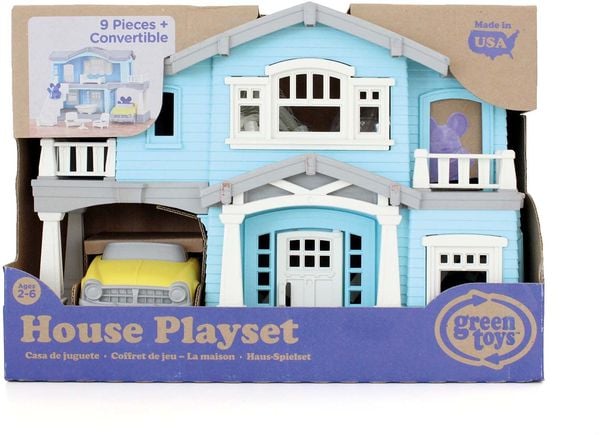 Green Toys 8601239 - Spielhaus mit Auto und Spielfiguren, blau, Spielset, 10-teilig
