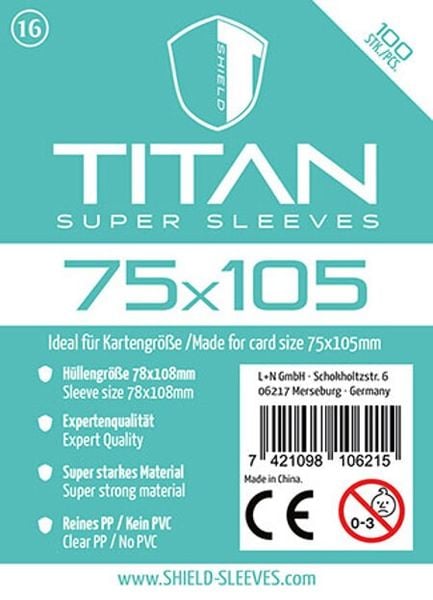 Shield Sleeves 1028506 - Shield Titan 16, 100 Super Sleeves für Kartengröße 75 x 105 mm, Spielkarten-Schutzhüllen