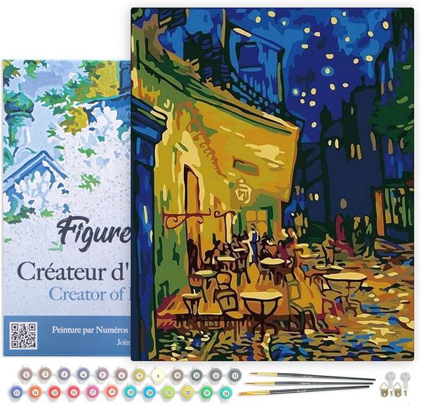 FiguredArt PN928-Y - Malen nach Zahlen, Café Van Gogh, Leinen-Keilrahmen (40x50cm), Malset, Paint by Numbers