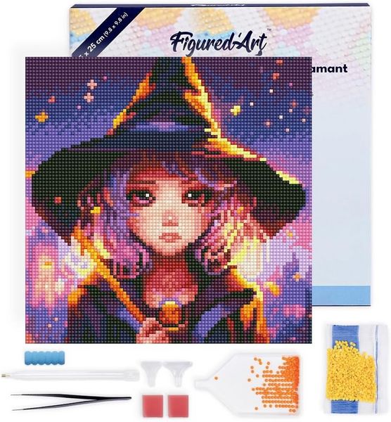 FiguredArt DP-SFA168-Y - Mini Diamond Painting, Bezaubernde Kleine Hexe, Leinwand-Keilrahmen (25x25cm), DIY Bastelset