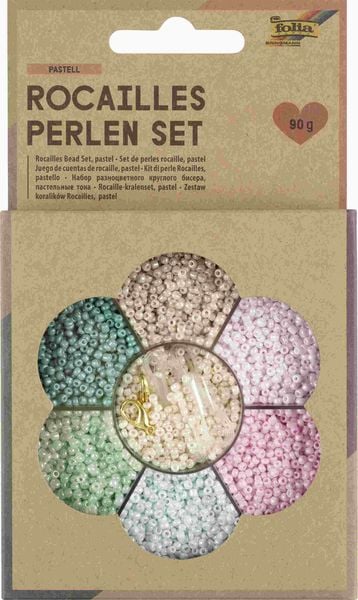 Folia Rocailles-Perlen-Set PASTELL, ~90g Perlen, 3x1m Nylonfaden, 3 Verschlüsse