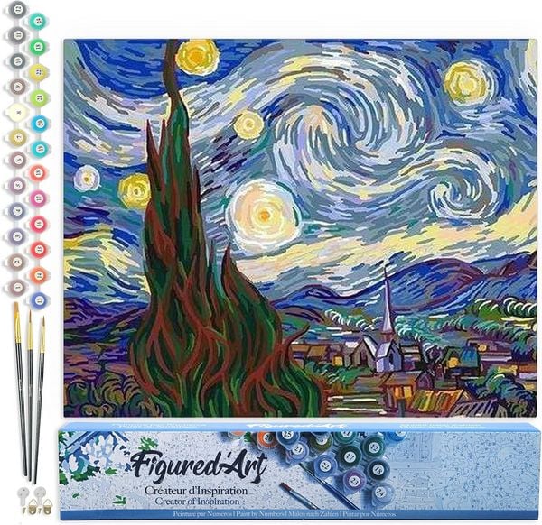 FiguredArt PN590 - Malen nach Zahlen, Sternennacht Van Gogh, 40x50cm, ohne Keilrahmen, Sternennacht Van Gogh, Leinwand 40x50cm ohne Rahmen, Malset, Paint by Numbers
