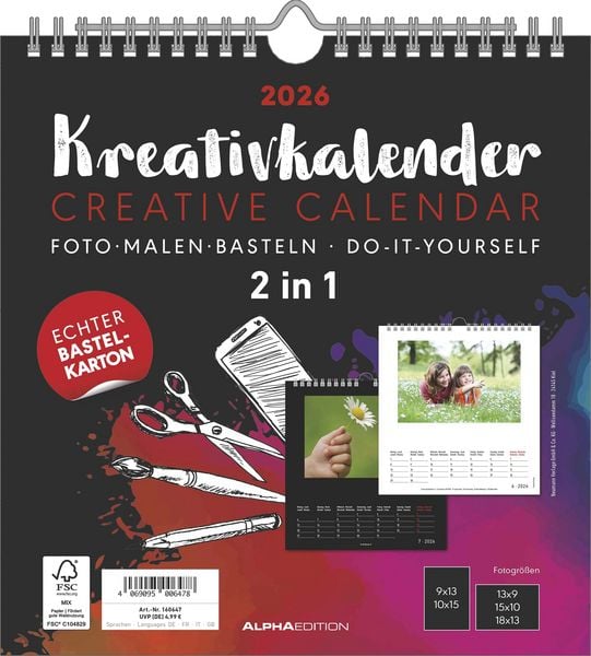 Kreativ-Kalender M - 2 in 1: schwarz und weiss 2026 - 21x22 cm - Foto, Malen, Basteln - datiert - Kreativkalender - Foto-Kalender - Alpha Edition