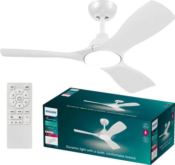 Philips LED Olas Deckenventilator 30 W (Ø x H) 1070 mm x 310 mm Weiß mit Fernbedienung, Dimmbar