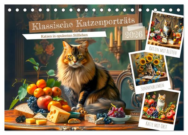 Klassische Katzenporträts - Katzen in opulenten Stillleben (Tischkalender 2026 DIN A5 quer), CALVENDO Monatskalender