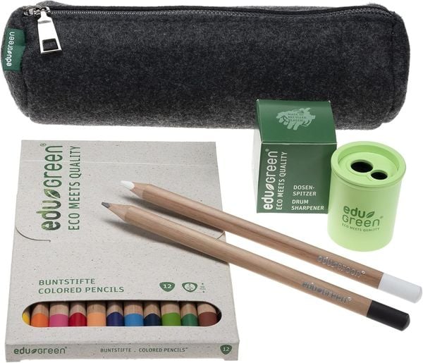EduGREEN® 13 farbiges Buntstifte Set, inkl. Dosenspitzer und Filzschlamper aus recyceltem Filz