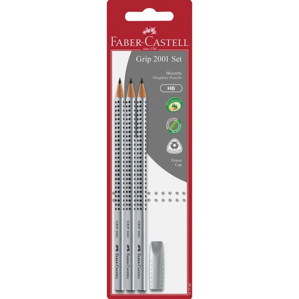 Faber-Castell Bleistift Grip 2001 HB 3er Set mit Radierer