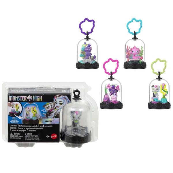 Monster High Haustier-Schlüsselanhänger, Tierfiguren mit Zubehör und zusammenbaubarem Terrarium