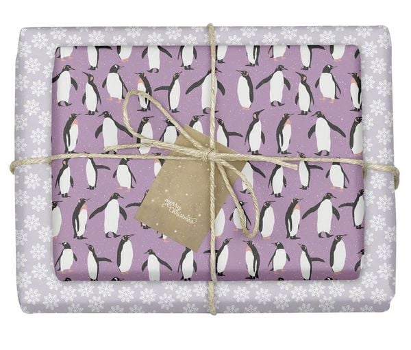 Geschenkpapier Set Weihnachten: Pinguine (lila, weiß) für Kinder