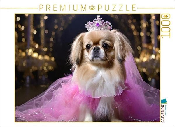 CALVENDO Puzzle Pekinese trägt pinkfarbenes Abendkleid mit Krone 1000 Teile Lege-Größe 64x48cm Foto-Puzzle für glückliche Stunden