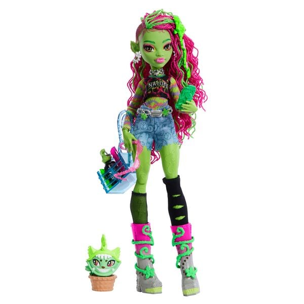 Monster High Venus McFlytrap-Modepuppe mit Haustier Chewlian und Zubehör